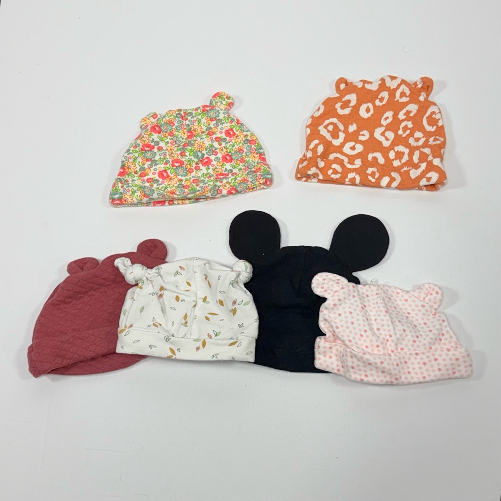 Disney Mickey Mouse Bear Ear Newborn Hat Bundle 6pc Floral Leopard Quilted OS Ba